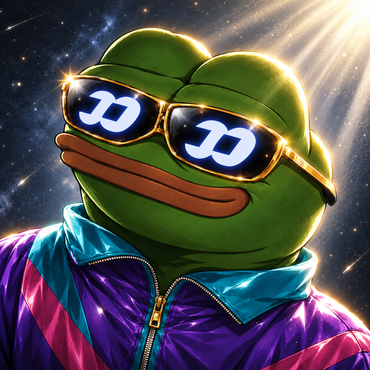 Fomo Drip frog wearing gold sunglasses in space